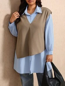 Elaquor Plus Size Striped Long Sleeve Dress And Solid Color Vest Casual 2 Pieces Set - Multicolor - View 4
