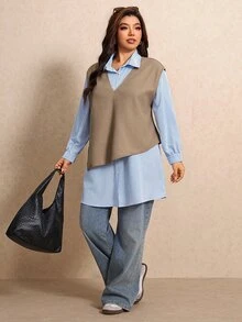Elaquor Plus Size Striped Long Sleeve Dress And Solid Color Vest Casual 2 Pieces Set - Multicolor - View 3