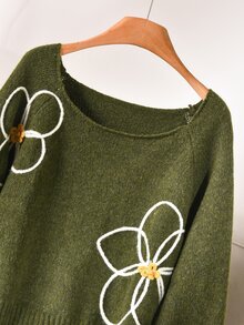CosyJoli 大尺碼女款優雅可愛日系法式休閒刺繡3D花卉高級針織套頭毛衣上衣，適合秋季約會、教師穿搭，綠色，冬季 - 綠色 - 查看 8