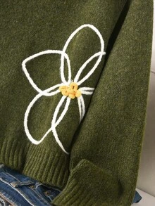 CosyJoli 大尺碼女款優雅可愛日系法式休閒刺繡3D花卉高級針織套頭毛衣上衣，適合秋季約會、教師穿搭，綠色，冬季 - 綠色 - 查看 7