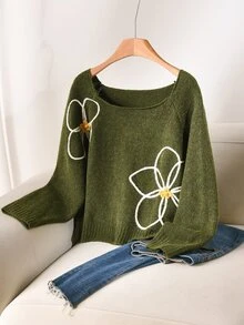 CosyJoli 大尺碼女款優雅可愛日系法式休閒刺繡3D花卉高級針織套頭毛衣上衣，適合秋季約會、教師穿搭，綠色，冬季 - 綠色 - 查看 5