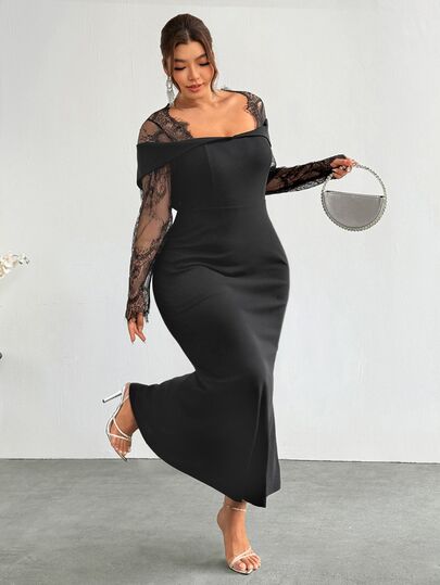 Firerie Plus Size Women's New Fashion Solid Color Lace Patchwork Dress, Elegant Long Sleeve Long Dress, Lace Patchwork Sexy Long Dress, Mermaid Tail Long Dress, Sexy Party Dress, Lace Long Sleeve Dress, Asymmetrical Design Long Dress