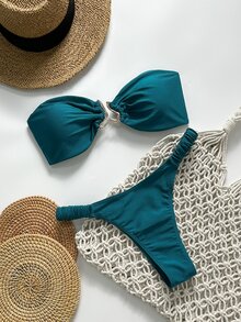 SHEIN Swim Women's Summer Solid Color Halter Metal Decor Sexy Lace-Up 2 Pieces Bikini Set - Teal Blue - View 2
