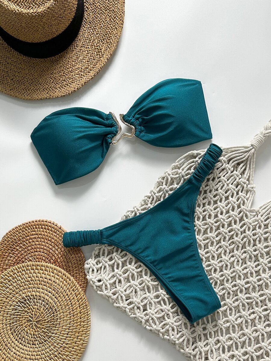 SHEIN Swim Women's Summer Solid Color Halter Metal Decor Sexy Lace-Up 2 Pieces Bikini Set