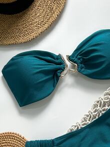 SHEIN Swim Women's Summer Solid Color Halter Metal Decor Sexy Lace-Up 2 Pieces Bikini Set - Teal Blue - View 5