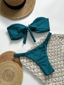 SHEIN Swim Women's Summer Solid Color Halter Metal Decor Sexy Lace-Up 2 Pieces Bikini Set - Teal Blue - View 3