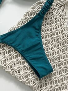 SHEIN Swim Women's Summer Solid Color Halter Metal Decor Sexy Lace-Up 2 Pieces Bikini Set - Teal Blue - View 6