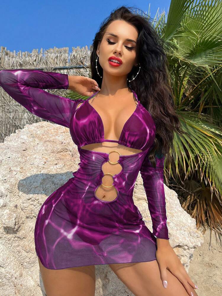 SHEIN Swim Summer Beach Marble Print Ring Linked Halter Triangle Bikini Set With Cover Up - Multicolor - View 1