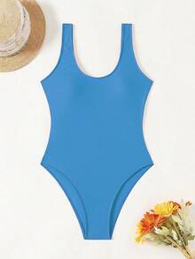SHEIN Swim 2026 Women's Solid Color Casual One-Piece Swimsuit - Sky Blue - View 3