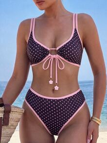 Bonvoyette Women's Summer Beach Polka Dot Halter Tie Sexy Bikini And Triangle Briefs Swimwear Set - Multicolor - View 3
