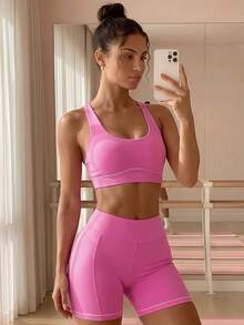 Eassivo Women's 2 Pieces Sports Set, Pink Yoga Fitness Outfit, White Underbust Design, Workout Exercise Set - Pink - View 3