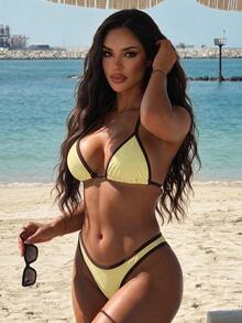 SHEIN Swim 2025 Women's Casual Sports Style Square Neck Racerback Boyshort One-Piece Swimwear - Yellow - View 4