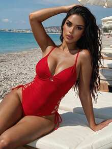 SHEIN Swim Sexy Strappy Women's One-Piece Swimsuit For Vacation - Red - View 3