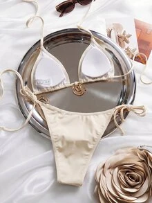 SHEIN Swim 2pcs Women's White Bikini Set Halter Neck Rhinestone Embellishment Metal Shell Decor 70s Retro Summer Holiday Party Summer Holiday Swimwear - White - View 4