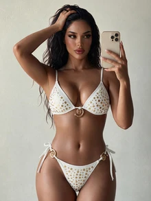 SHEIN Swim 2pcs Women's White Bikini Set Halter Neck Rhinestone Embellishment Metal Shell Decor 70s Retro Summer Holiday Party Summer Holiday Swimwear - White - View 3
