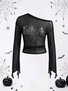 Glisette Fashionable Women's Black And Silver Mesh Rhinestone Top Halloween Night Out Clubbing Fall Goth Sexy - Black - View 10