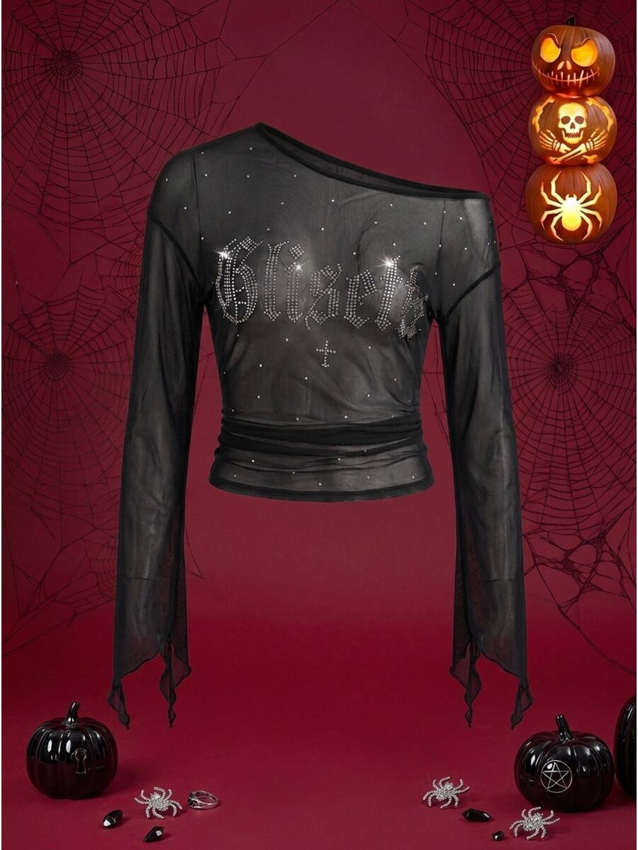 Glisette Fashionable Women's Black And Silver Mesh Rhinestone Top Halloween Night Out Clubbing Fall Goth Sexy - Black - View 1