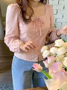 Dazy Plus Pink Bow Tie Front Cute Long Sleeve Spring Summer Autumn Commuter Blouse - Pink - View 1