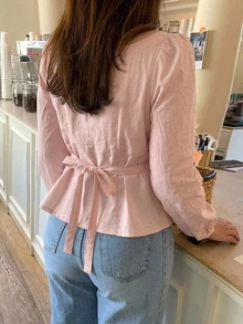 Dazy Plus Pink Bow Tie Front Cute Long Sleeve Spring Summer Autumn Commuter Blouse - Pink - View 2