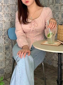 Dazy Plus Pink Bow Tie Front Cute Long Sleeve Spring Summer Autumn Commuter Blouse - Pink - View 4