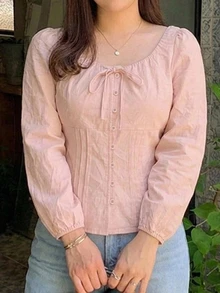 Dazy Plus Pink Bow Tie Front Cute Long Sleeve Spring Summer Autumn Commuter Blouse - Pink - View 6