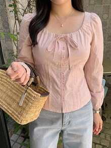 Dazy Plus Pink Bow Tie Front Cute Long Sleeve Spring Summer Autumn Commuter Blouse - Pink - View 3