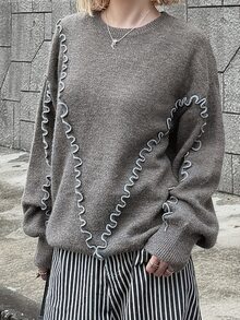 FRIFUL Women's Frill Trim Round Neck Drop Shoulder Long Sleeve Casual Loose Sweater - Grey - View 6