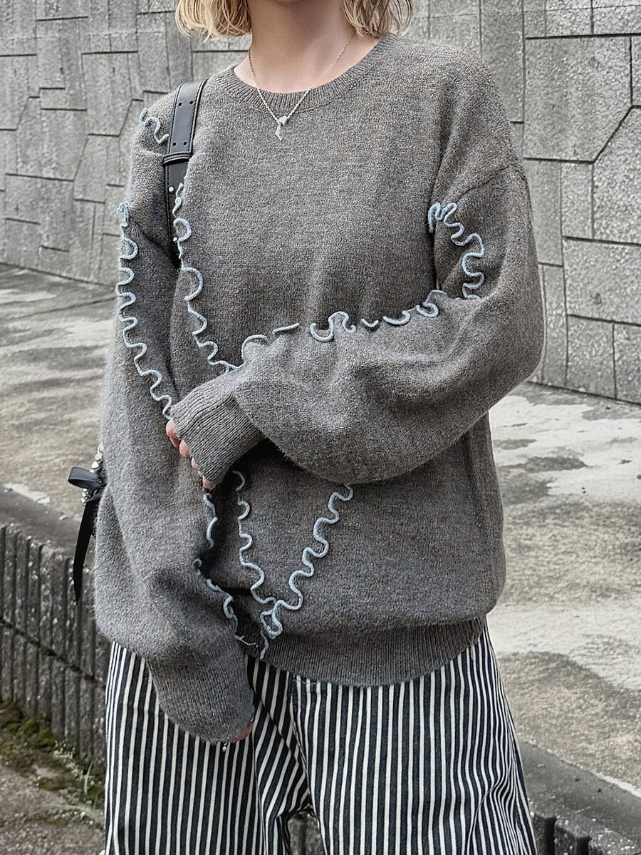 FRIFUL Women's Frill Trim Round Neck Drop Shoulder Long Sleeve Casual Loose Sweater - Grey - View 1