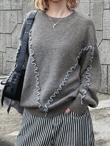 FRIFUL Women's Frill Trim Round Neck Drop Shoulder Long Sleeve Casual Loose Sweater - Grey - View 4