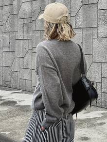FRIFUL Women's Frill Trim Round Neck Drop Shoulder Long Sleeve Casual Loose Sweater - Grey - View 2