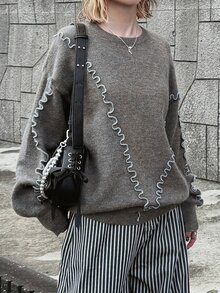 FRIFUL Women's Frill Trim Round Neck Drop Shoulder Long Sleeve Casual Loose Sweater - Grey - View 5