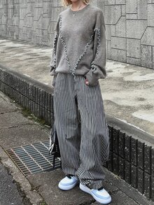 FRIFUL Women's Frill Trim Round Neck Drop Shoulder Long Sleeve Casual Loose Sweater - Grey - View 7
