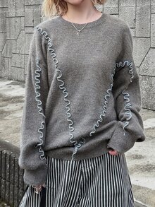 FRIFUL Women's Frill Trim Round Neck Drop Shoulder Long Sleeve Casual Loose Sweater - Grey - View 3