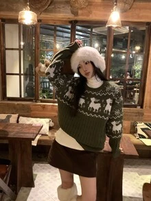 DAZY Women's Autumn/Winter Deer Pattern Crew Neck Long Sleeve Casual Sweater - Green - View 9