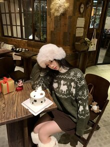 DAZY Women's Autumn/Winter Deer Pattern Crew Neck Long Sleeve Casual Sweater - Green - View 4