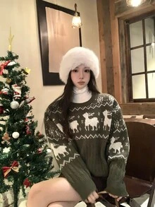 DAZY Women's Autumn/Winter Deer Pattern Crew Neck Long Sleeve Casual Sweater - Green - View 12