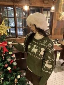 DAZY Women's Autumn/Winter Deer Pattern Crew Neck Long Sleeve Casual Sweater - Green - View 5