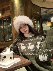 DAZY Women's Autumn/Winter Deer Pattern Crew Neck Long Sleeve Casual Sweater - Green - View 7