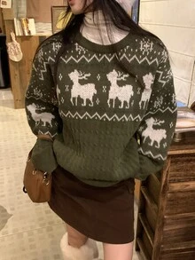 DAZY Women's Autumn/Winter Deer Pattern Crew Neck Long Sleeve Casual Sweater - Green - View 6