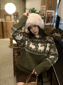 DAZY Women's Autumn/Winter Deer Pattern Crew Neck Long Sleeve Casual Sweater - Green - View 11