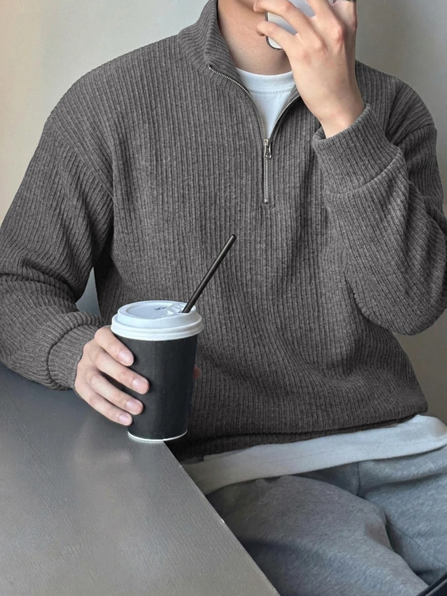 DAZY Sudadera con media cremallera azul marino para primavera/otoño con cuello de solapa y tejido de punto acanalado texturizado para hombres sudaderas con capucha - Gris - Ver 1