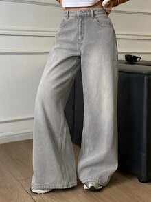 Livesso Women's Gray High-Waist Button Washed Solid Color Loose Straight Leg Wide Leg Casual Denim Jeans, Autumn - Grey - View 5