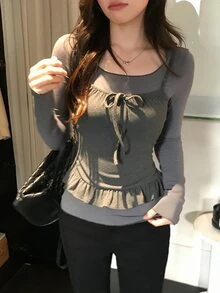 DAZY Women's Round Neck 2 In 1 Patchwork Casual Everyday Long Sleeve T-Shirt - Grey - View 4