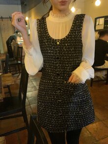 DAZY Women's Korean Style Plaid Single-Breasted Casual Elegant Pinafore Dress - Black - View 5