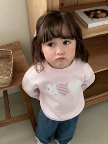 DAZY بلوزة رياضية كاجوال بأسلوب كوري للأطفال الرضع/الصغار (بنات) بياقة دائرية وتصميم قلب مرقع وأكمام طويلة للخريف/الشتاء - وردي - مشاهدة 1