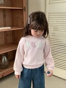 DAZY بلوزة رياضية كاجوال بأسلوب كوري للأطفال الرضع/الصغار (بنات) بياقة دائرية وتصميم قلب مرقع وأكمام طويلة للخريف/الشتاء - وردي - مشاهدة 3