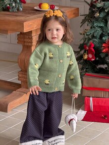 DAZY Infant (Girl) Round Neck Cartoon Colorblock Long Sleeve Autumn/Winter Cardigan - Green - View 7