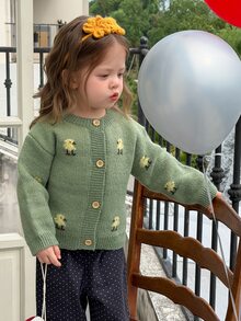 DAZY Infant (Girl) Round Neck Cartoon Colorblock Long Sleeve Autumn/Winter Cardigan - Green - View 4