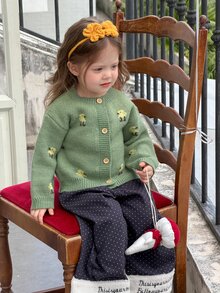 DAZY Infant (Girl) Round Neck Cartoon Colorblock Long Sleeve Autumn/Winter Cardigan - Green - View 5