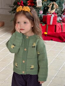 DAZY Infant (Girl) Round Neck Cartoon Colorblock Long Sleeve Autumn/Winter Cardigan - Green - View 8